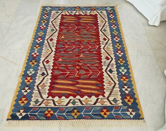 Turkish Wool Handmade Kilim, Embroidery Oriental Kilim Rug, Bohemian Flatview Decorative Rug, Authentic Area Oushak Kilim Rug, Vintage Rug