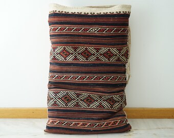 Anatolia Wool Handmade Rug Sack, Antique embroidery kilim, Vintage kilim pillow, Big Kilim Pouf, Bohemian Turkish tribal kilim