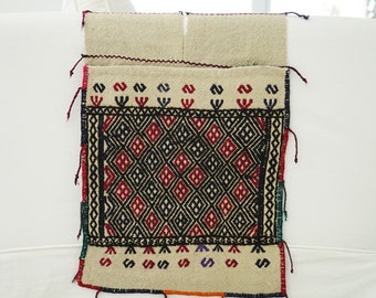 Anatolia Wool Handmade Rug Saddlebag, Embroidery kilim bag, Turkish bohemian saddlebag, Tribal embroidery technique, kilim wool antique bag