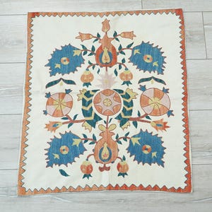 Embroidered suzani table cloth, Eclectic floral coverlet, Quilted wall hanging, Woven antique throw runner for table, Vintage tapestry