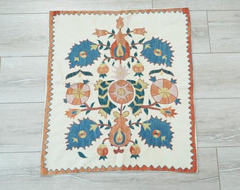 Embroidered suzani table cloth, Eclectic floral coverlet, Quilted wall hanging, Woven antique throw runner for table, Vintage tapestry