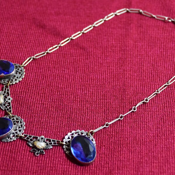 Vintage Statement Art Deco Collana in vetro ceco argento e blu
