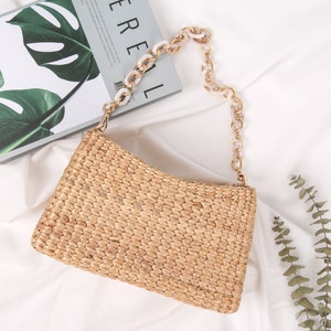 Baguette Bag, Woven Straw Bag Removable Chain Strap For Customise Wear Crossbody or Shoulder Style, Natural Rattan Handbag, Wicker Purse