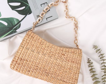 Baguette Bag, Woven Straw Bag Removable Chain Strap For Customise Wear Crossbody or Shoulder Style, Natural Rattan Handbag, Wicker Purse