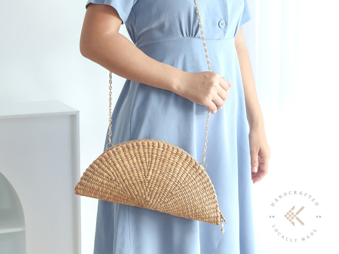 Wicker Clutch, Crossbody Woven Bag, Straw Purse Top Zipper Shoulder