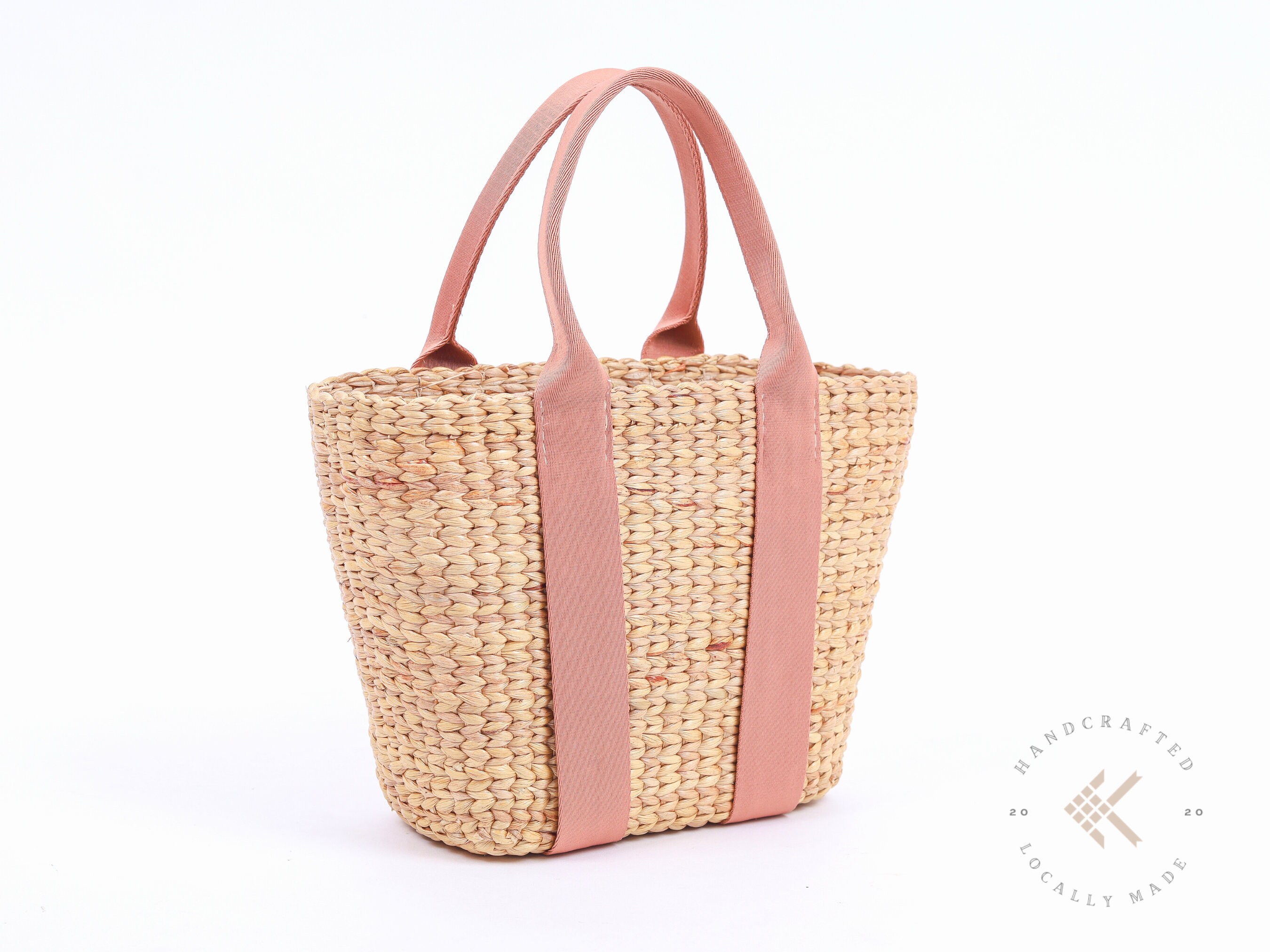 Handwoven Straw Tote Bag: Small Raffia Purse With Pink Canvas
