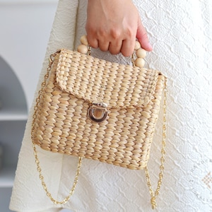 Sac à main tissé, Anses en bambou, Petit sac bandoulière en paille, Bandoulière amovible, Sac à main chic en paille, Sac à bandoulière pour elle