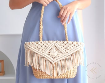 Raffia Bag Crochet Pattern, Macrame Tote Bag, White Wicker Bag, Straw Shoulder Bag, Boho Tote Bag With Zipper, Summer Handbag, Basket Bag