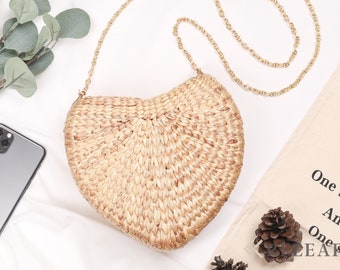 Handwoven Heart Crossbody Bag: Natural Straw Purse with Gold Chain