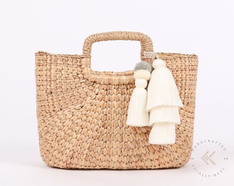 Handmade Straw Purse Handbag, Baguette Bag Gold Top Zipper, Crossbody Beach Bag Tassel, Bridesmaid Purse, Woven Basket Bag, Tote bag for Her
