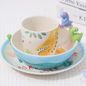 Dinosaur Kids Dinnerware Set 3 Piece Ceramic Plate Porcelain Bowl Cup 3D Dino Figures ROAR Toddler Mealtime Gift Children Dinosaur Tableware