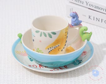 Dinosaur Kids Dinnerware Set: 3-Piece Ceramic Toddler Tableware