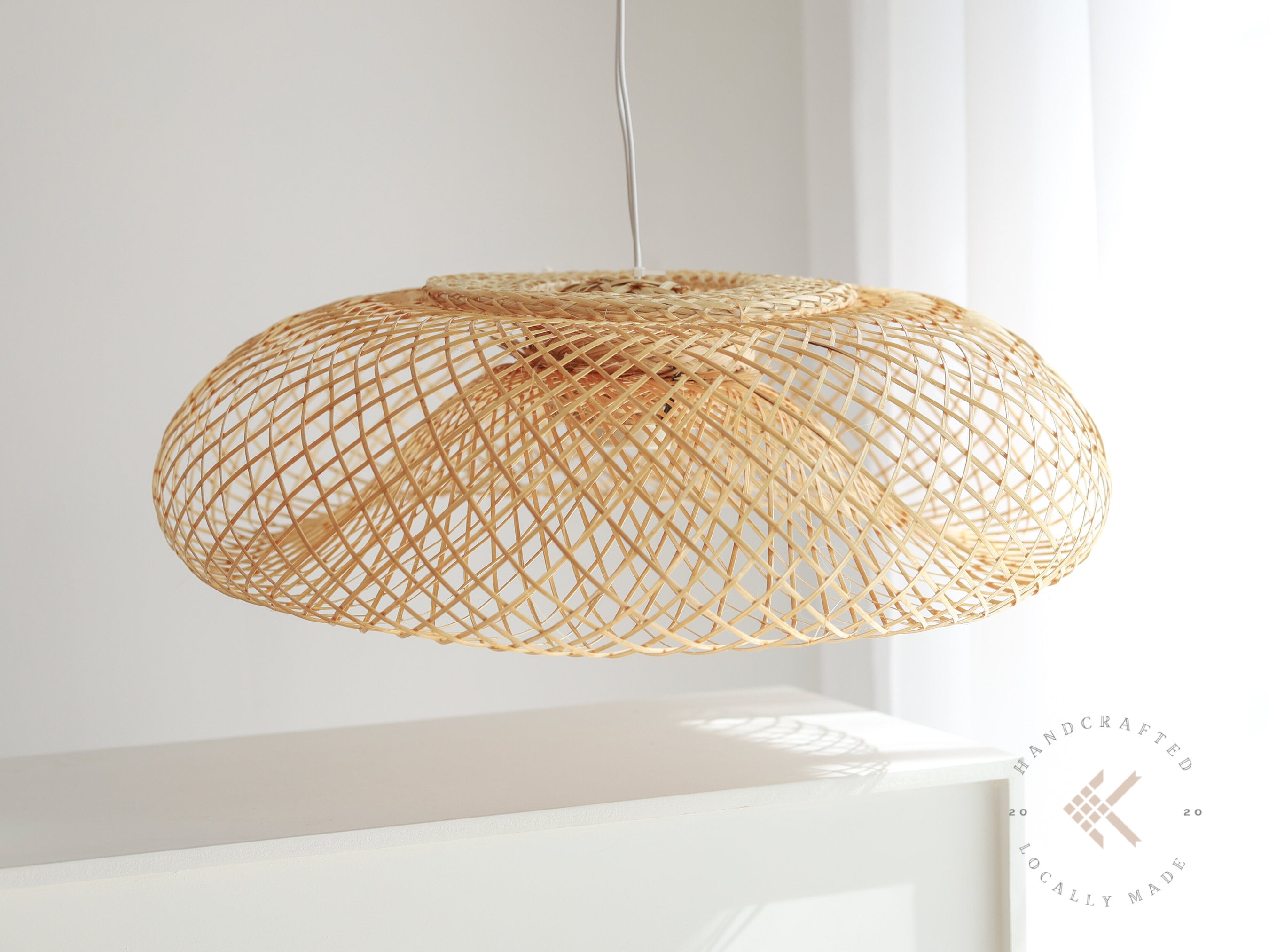 Hanging Lamp Shade, Bamboo Pendant Lamp Fixture, Woven Basket Lamp Boho Style, Desk Table Lamp, Rustic Ceiling Lamp for Living Room, Bedroom