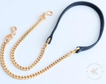 Gold Bag Chain, Black Genuine Leather Bag Adjustable Strap, Leather Handbag Detachable Cross body Bag Strap, Shoulder Bag Strap, Purse Strap