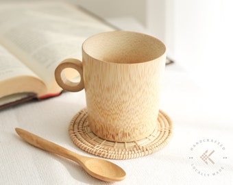 Natural Bamboo Coffee Espresso Cup, Hot Tea Cup Set With Tea Spoon and Rattan Coaster, Wooden Drinking Cup, Eco Friendly Gifts Housewarming