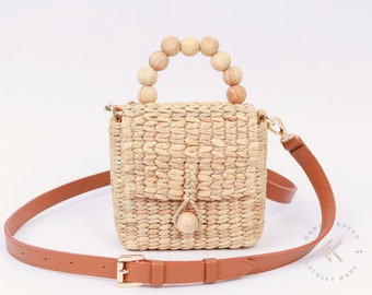 Mini Straw Crossbody Bag For Women Small Rattan Bag Wicker Hobo Bag, Mini Tote Bag With Top Handle Bamboo Beads, Straw Handbag For Girl Kids