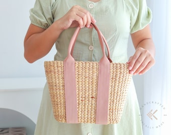 Handwoven Straw Tote Bag: Small Raffia Purse with Pink Canvas Handles