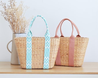 Handwoven Straw Tote Bag, Straw Shoulder Bag with Cavas Bag Handles, Handmade Summer Beach Bag, Natural Woven Handbag