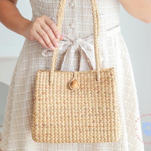 Bolso de Paja de Jacinto de Agua, Bolso Tejido a Mano Clasico y Ecologico, Bolso de Hombro de Tamano Medio, Cesta de Mimbre