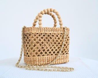Straw Wicker Purse With Bamboo Beads Bag Handle, Handmade Summer Straw Purse, Braided Purse Small Tote, Small Raffia Cross body Handbag