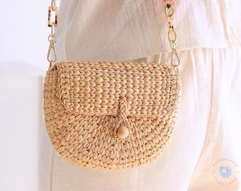 Round Straw Purse  2-in-1 Convertible Shoulder & Crossbody Bag with Detachable Bag Strap | Hand Plaited Beach Woven Bamboo Natural Hobo