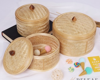 Wicker Bamboo Storage Boxes, Woven Round Organiser Boxes, Straw Basket with Top Lid,  Gift box for Women, Jewelry Box, Tea Box, Sewing Box