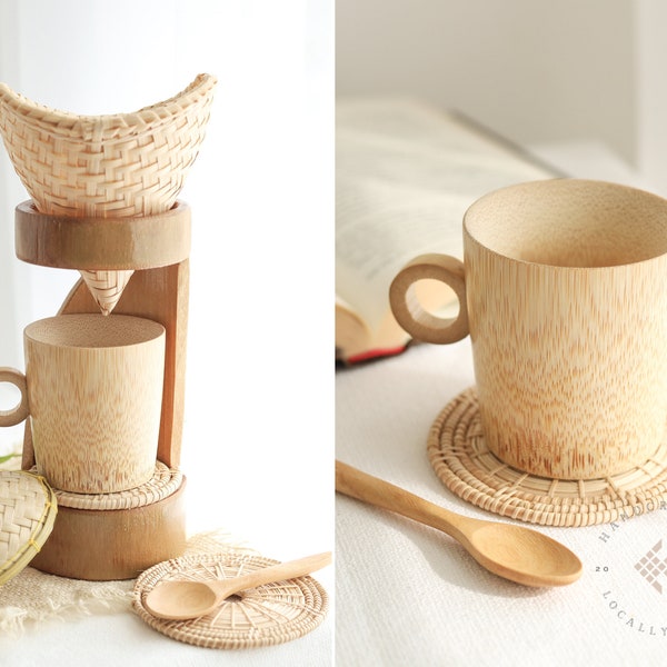 Matin versez sur l'ensemble de cafetière, goutteur de café en bambou et tasse, ensemble de café d'égouttement, support de café en bois, brasseur d'égouttement de main, ensemble de cadeau de café