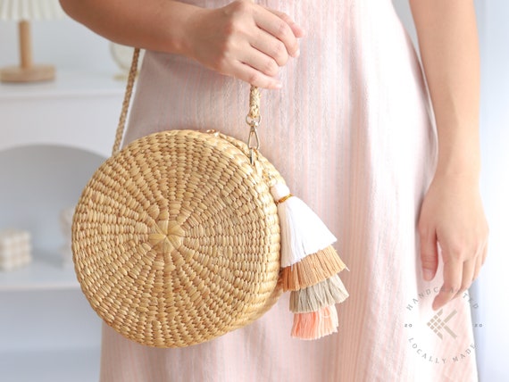 Round Crossbody Purse Bag With Tassel Straw Purse Wedding 