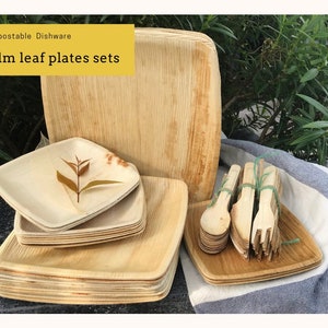 Disposable Square Dinnerware Set, Palm Leaf Plates Set for Wedding, Single Use Bamboo Plates, Biodegradable Appetizer and Dessert plates image 8