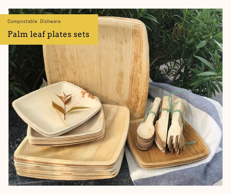 Disposable Square Dinnerware Set, Palm Leaf Plates Set for Wedding, Single Use Bamboo Plates, Biodegradable Appetizer and Dessert plates image 8