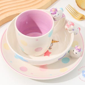 Vajilla de cerámica de unicornio hecha a mano, taza de lunares pastel, plato de dibujos animados, tazón, juego de té de cerámica, vajilla infantil original