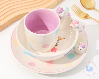 Handcrafted Unicorn Ceramic Dinnerware Set: Pastel Polka Dot Tableware