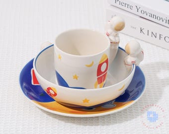 Kids Space Dinnerware Set: Ceramic Astronaut Plate, Bowl & Mug