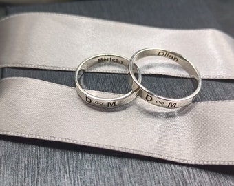 Sterling Silver Couple Ring Set, Engraved Promise Rings, Custom Wedding Bands