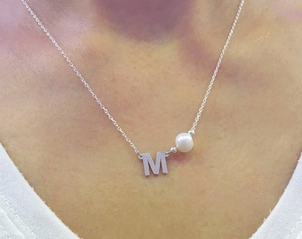 tiny pearl bead choker ,custom letter charm With M Pearl Bead ,gold chain ,silver initial choker ,mom initial pendant , Letter M Necklace