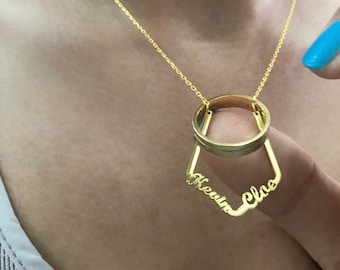 Custom Name Necklace Holder, Personalized Ring Keeper Pendant, Engagement Ring Keeper Name Necklace, Ring Holder Jewelry 14k Gold