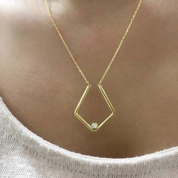 Geometric Ring Holder  Necklace , 8K Plain Gold Ring Keeper , Solid Gold Geometric Pendant Jewelry , Custom Birthstone Ring Holder Necklace