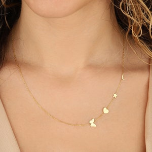Colar com inicial lateral, colar de borboleta em prata esterlina, colar com letra de coração, gargantilha pequena estrela lateral, colar descentralizado
