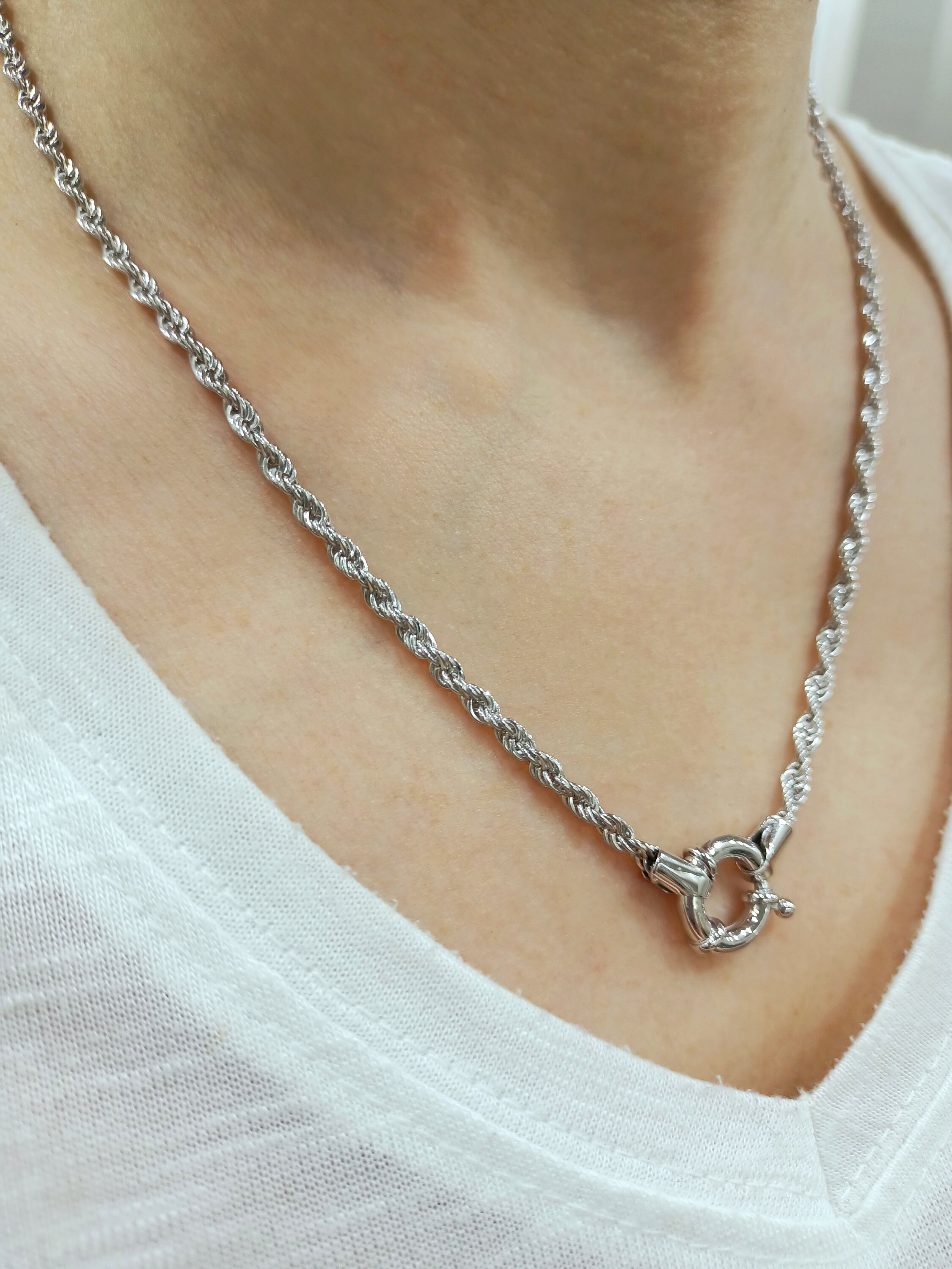 Sterling Silver Rope Chain Necklace: Sailor Lock Clasp, Adjustable 