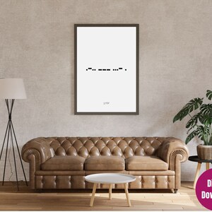 May include: A digital download of a printable poster featuring a line of Morse code, which translates to "DOTS". The poster is framed and displayed on a wall in a living room setting.