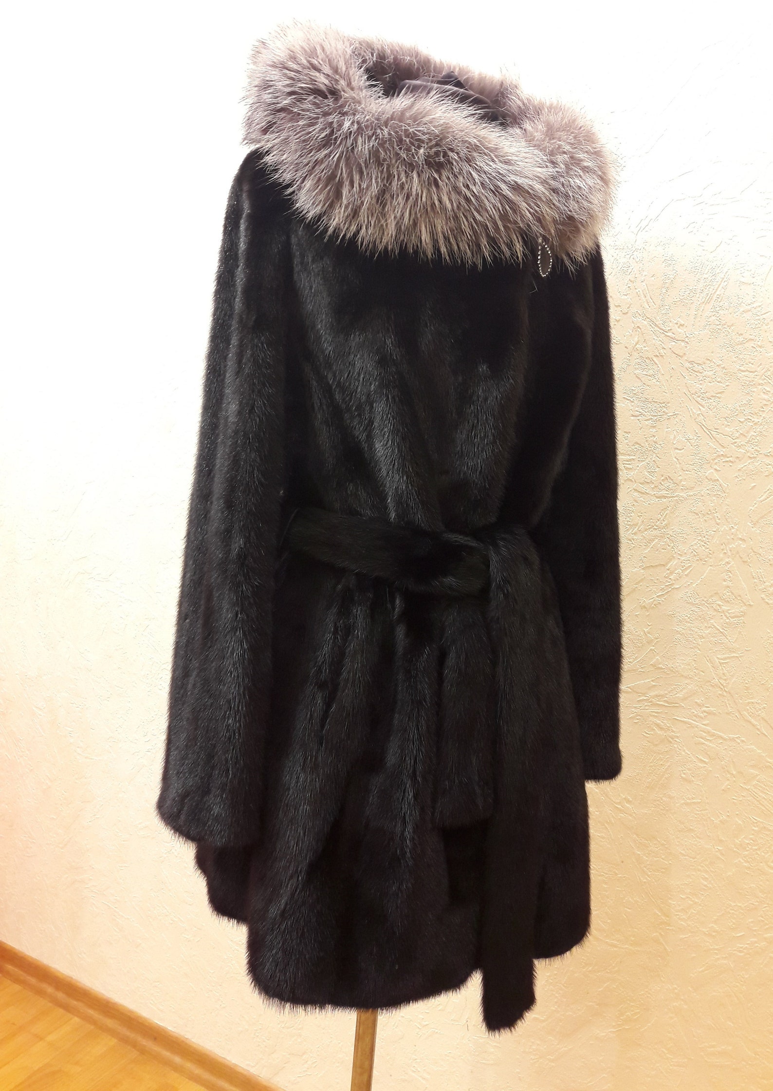Mink coat Greece Mink&Silver Fox Hood Black Mink Belt Fur Etsy