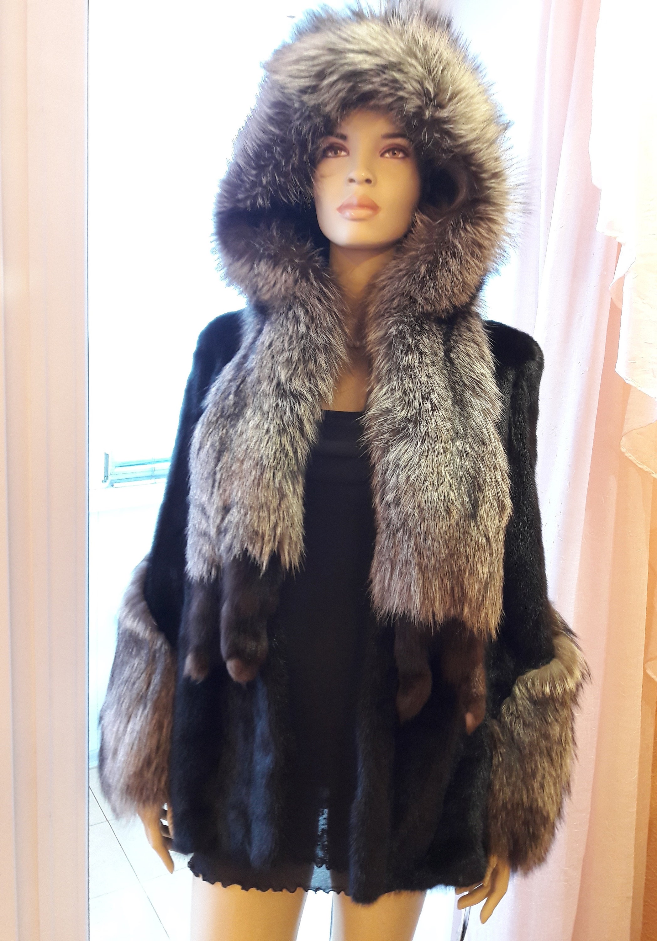Amazing Black mink coat Mink&Silver Fox Hood Mink Fur Jacket | Etsy