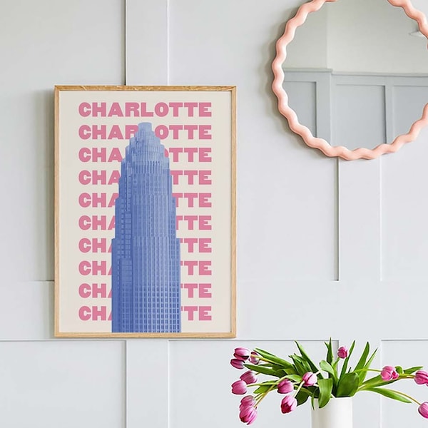 Charlotte Travel Print | Digital Art Download | Pink Blue Charlotte North Carolina Travel Exhibition Print | Cute Trendy Wall Art