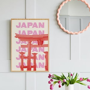 Japan Travel Print | Digital Art Download | Pink Red Japan Shinto Shrine Travel Exhibition Print | Cute Trendy Wall Art