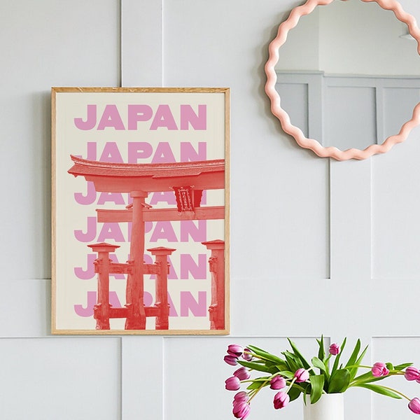 Japan Travel Print | Digital Art Download | Pink Red Japan Shinto Shrine Travel Exhibition Print | Cute Trendy Wall Art
