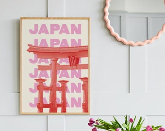 Japan Travel Print | Digital Art Download | Pink Red Japan Shinto Shrine Travel Exhibition Print | Cute Trendy Wall Art