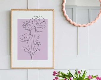 Könnte beinhalten: Eine weiße Wand mit einem rosa, gewellten Spiegel, einem gerahmten Druck einer Linienzeichnung von Blumen und einer Vielzahl von bunten Beistelltischen in verschiedenen Stilen und Ausführungen. Die Tische sind mit Pflanzen, Vasen und anderen Dekorationsgegenständen geschmückt.
