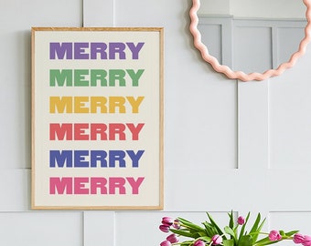 Colorful Merry Christmas Print | Digital Art Download | Colorful Christmas Decor | Cute Holiday Wall Art