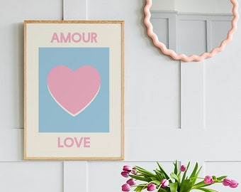 Amour Love Print | Digital Art Download | Pink and Blue Heart Printable Wall Art | Cute Trendy Wall Art