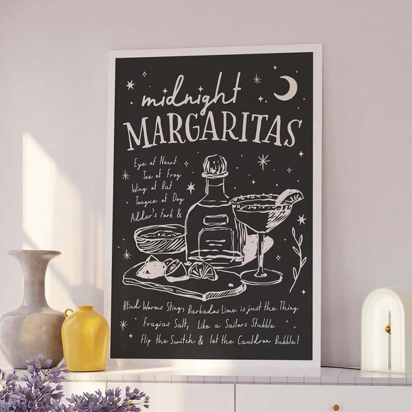 Midnight Margaritas Print, Digital Art Download, Halloween Bar Cart Decor, Trendy Halloween Wall Art, Spooky Season Cocktail Wall Art